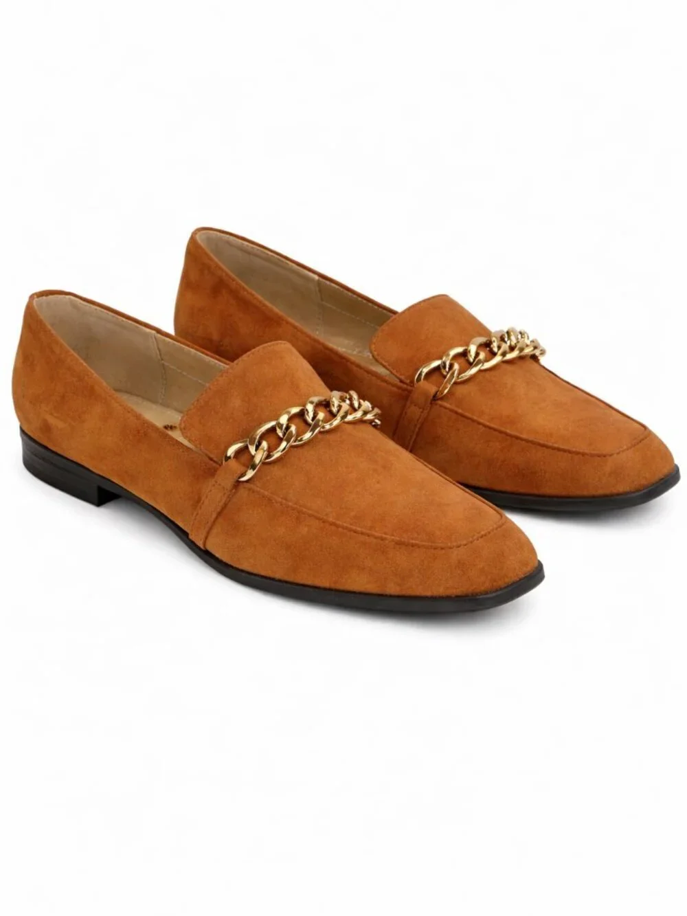 Nine West Oriah 2 Loafers 9M Cognac Suede Gold Chain Square Toe Chic